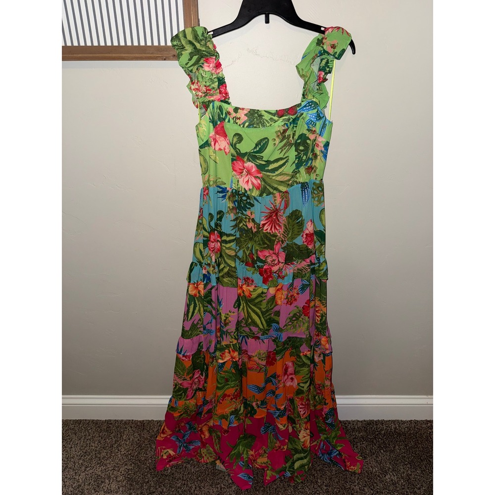 Flying Tomato Tropical Floral Tiered Maxi Dress Green Blue Pink Smocked Large - Picture 2 of 7
